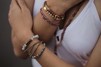 PURA bracelet - coral stone, smoky quartz, rudraksha and gold plated silver.