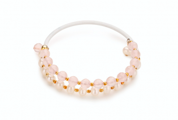 INO - bracele with rubber tube, rose quartz, freshwater pearl and gold plated silver