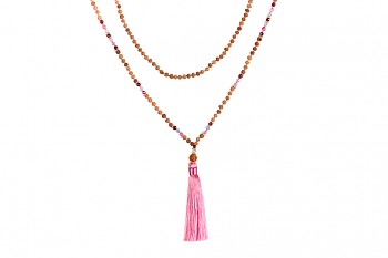 MALA BROMO - pink tassel, aquamarine, spinel, rudraksha and silver