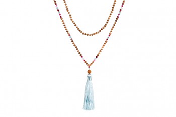 MALA BROMO - light turqoise tassel, aquamarine, spinel, rudraksha and silver