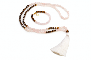 GILI set - bracelet and mala necklace with rose quartz, tiger eye and gold platted silver