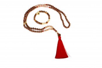 PURA set - náramek a mala náhrdelník zasvěcené touze po ŠTĚSTÍ, červený korál, kouřový křemen, rudraksha a pozlacené stříbro