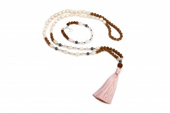 BESAKIH set - bracelet and mala necklace with pyrite, hematite, crystal, freshwater pearls, rudraksha and silver