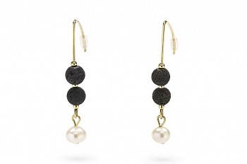 SELÉNÉ - Gold plated earrings, freshwater pearl, lava stone