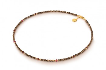 MELATI Choker - náhrdelník zasvěcený touze po ROZHODNOSTI, pyrit, rubín a pozlacený stříbro